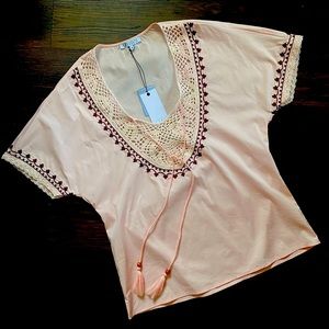 Boho Style Top with Crochet Details Embroidered Sleeves with Tie Front Tassels